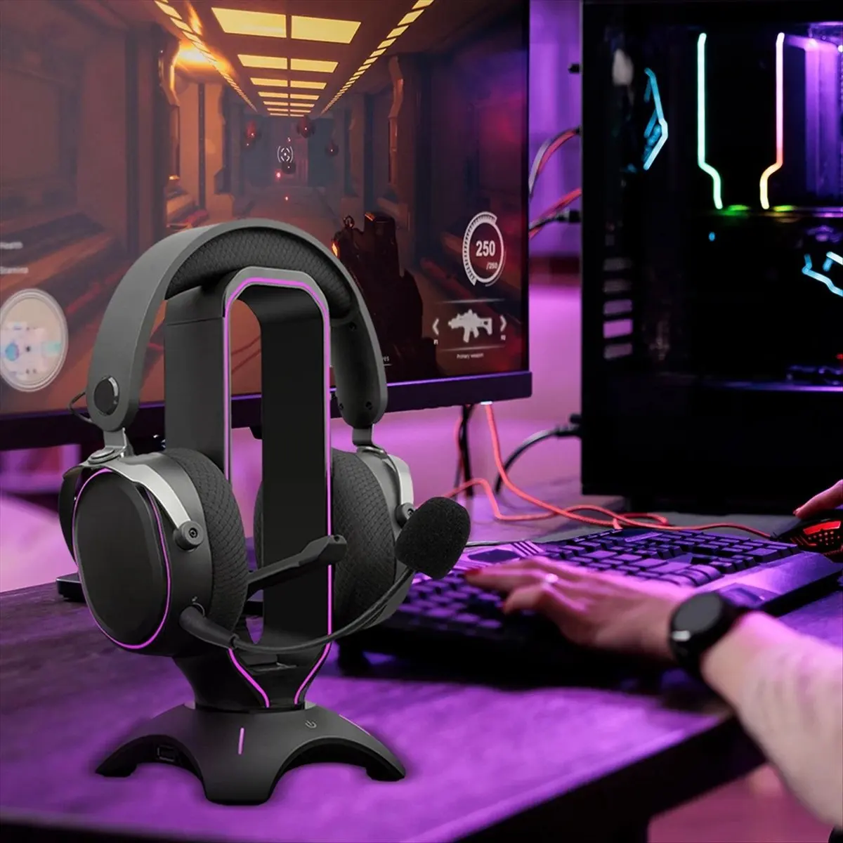 Stable- RGB Gaming Headphone Stand with Mouse Bungee Cord Holder over-Ear Headset Holder Headphone Shelf for Desk Display White view 6