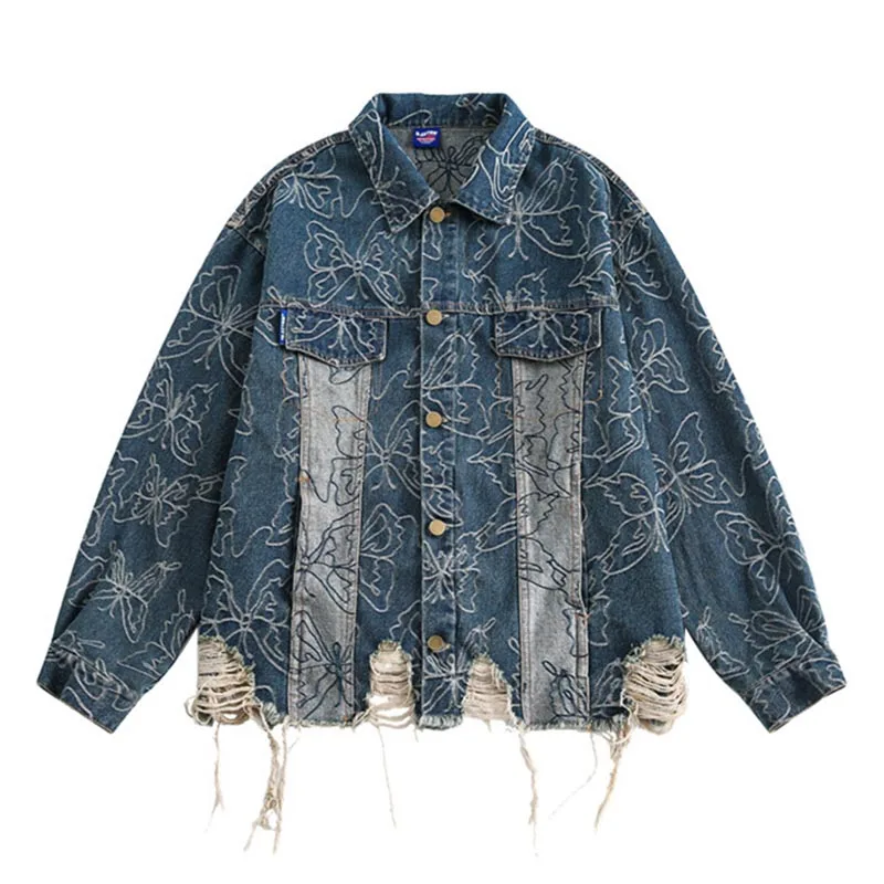 

Butterfly Printed Hip Hop Denim Jackets Men Harakuju Streetwear Outwear Jeans Tops Blue