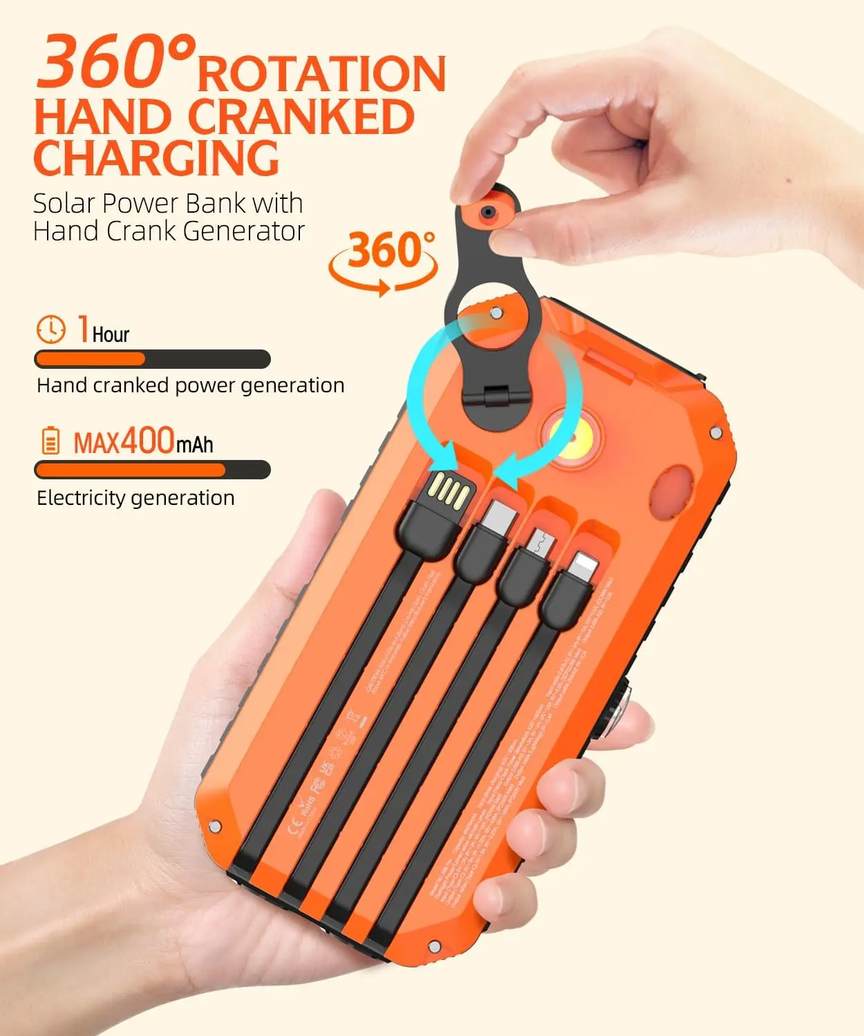 شاحن بالطاقة الشمسية باور بانك 40000 مللي أمبير مدمج في 4 كابلات وكرنك يدوي، شاحن محمول 6 مخرجات و4 مدخلات حزمة بطارية خارجية #3