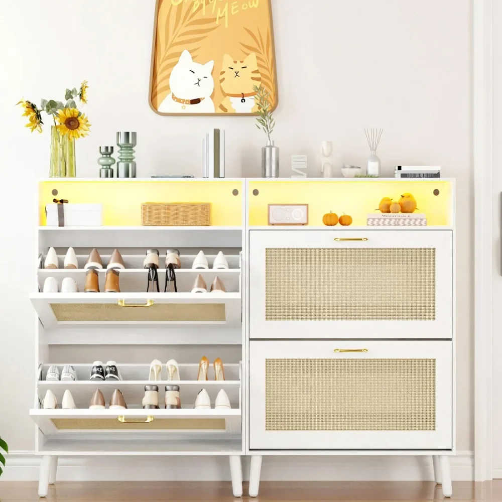 

Shoe Cabinet with Rattan Flip Top Drawer, Shoe Storage Rack with LED Light Strip, Freestanding Tipping Shoe Cabinet