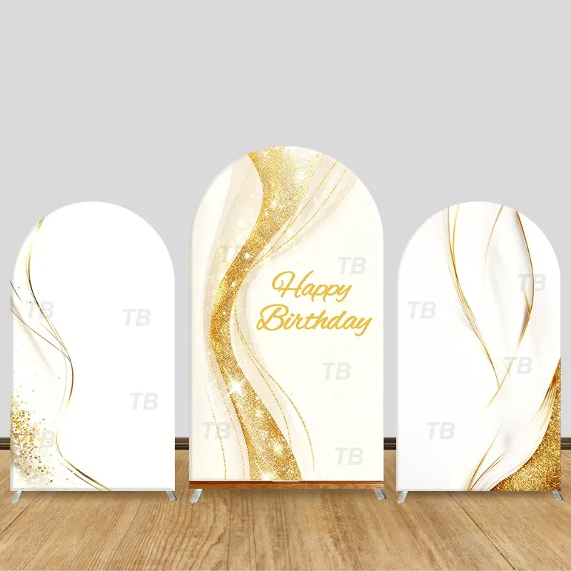 

White Gold Glitter Happy Birthday Arch Backdrop Cover Luxury Theme Party Decor Photo Booth Background Celebration Supplies