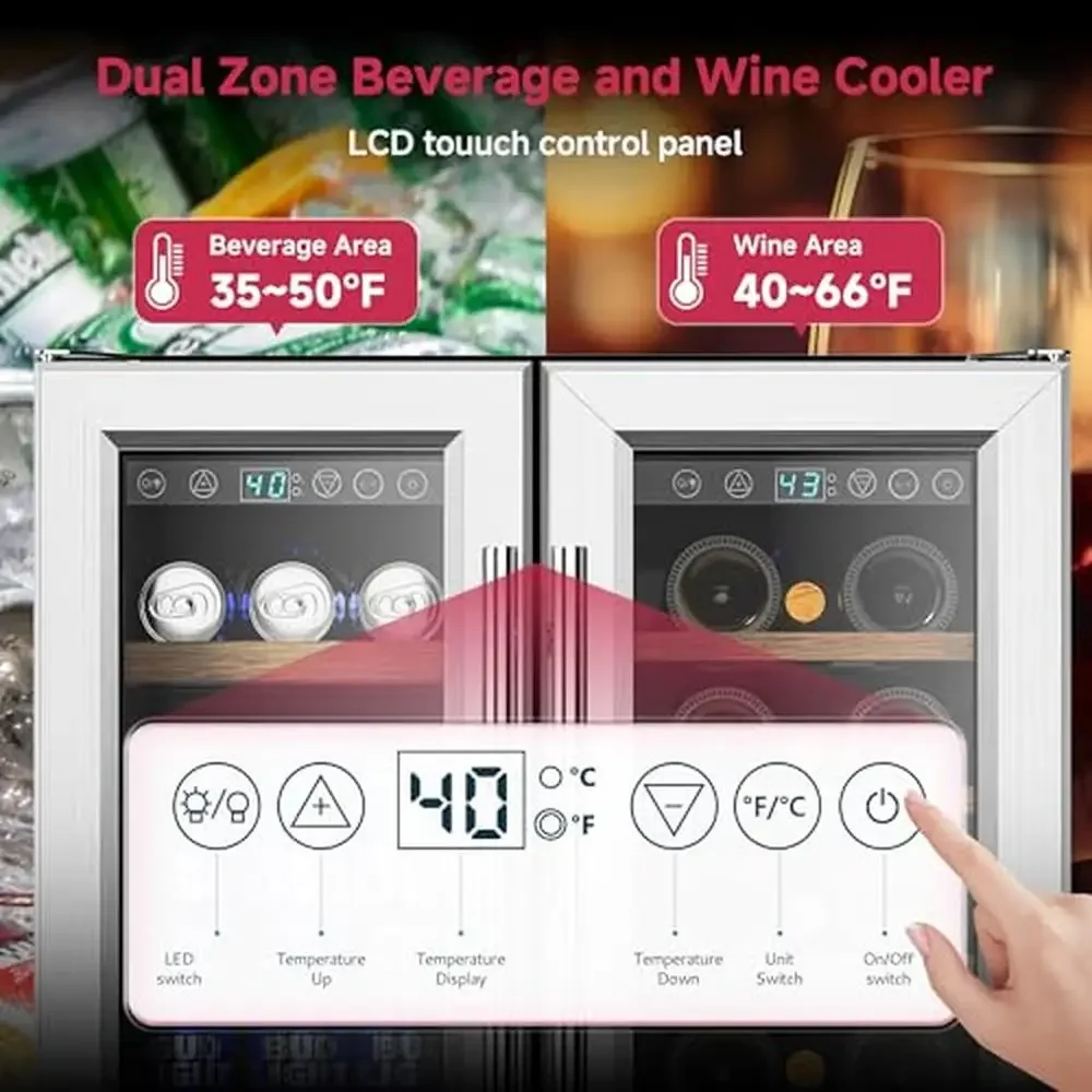 Dual Zone Wine & Beverage Refrigerator Hold 88 Cans 21 Bottles Recirculating Air Cooling Sensor Light Built-In Freestanding 24