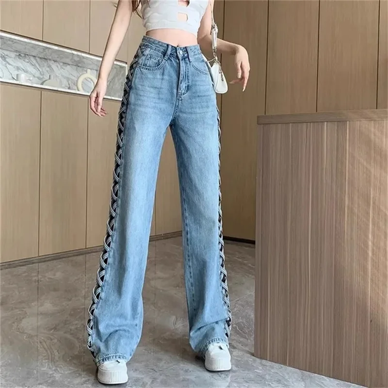 

Spring Summer Women's Jeans Side Design Sense Hollowing Out Ladies Cowboy Pants Trend Fashion Lady Straight Cylinder Trousers