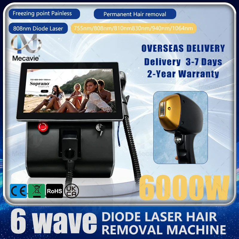Mecavie 6 Wave Diode Laser Hair Removal Machine 6000W, Ice Point Painless Permanent Depilation, For Beauty Salon SPA
