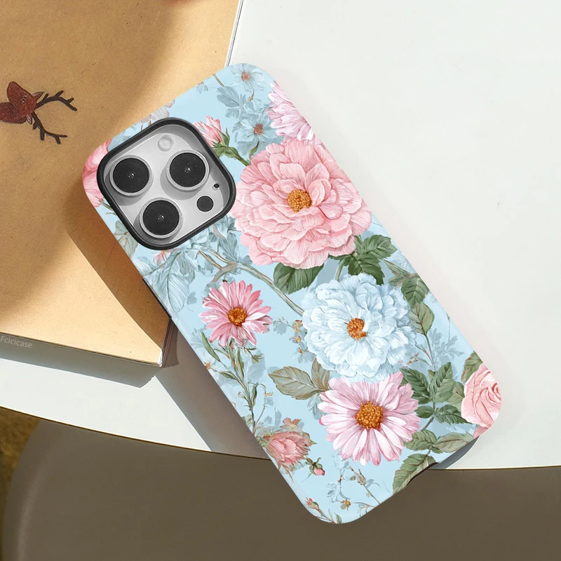 حافظة Fcicicase Floral لهاتف Magsafe لهاتف iPhone 16 Pro Max 15 Plus 14 13 12 11 غطاء شحن لاسلكي فاخر بطبقة مزدوجة مغناطيسي