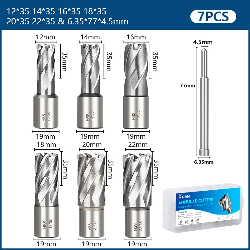 HAMPTON 7-teiliger Bohrersatz 12-22mm HSS Ringfräser Slugger-Bits für Magnetbohrmaschinen mit Führungsstift Weldon-Schaft Lochsäge – Detail 2