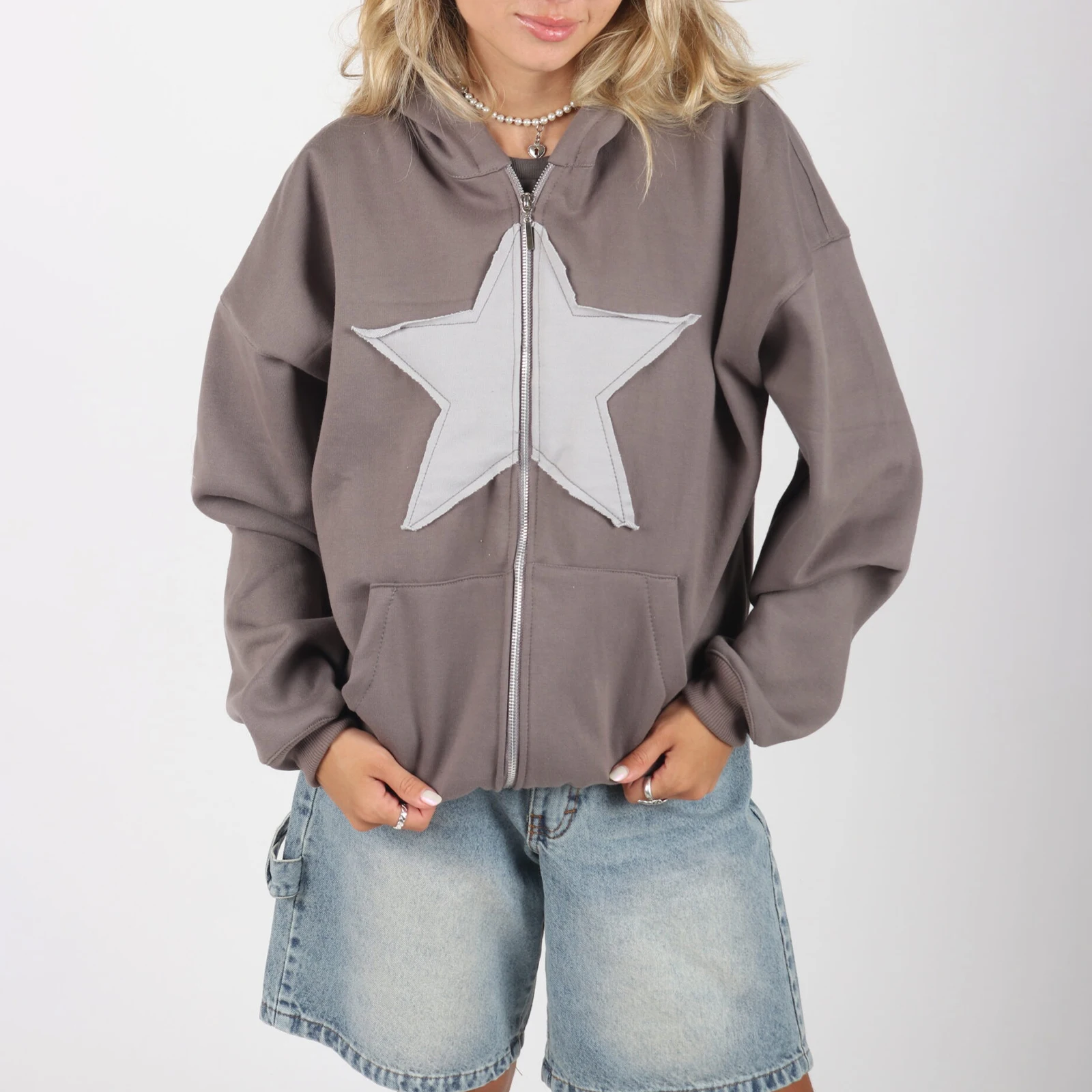 Women\'s Gothic Zip Up Hoodies Fashion Long Sleeve Star Patchwork Oversized Sweatshirts Streetwear Tops