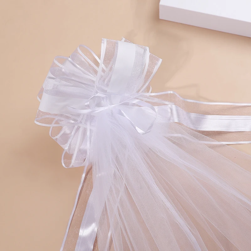 Large White Wedding Bows With Long Tulle Tails For Wedding Church Chair Aisle Decor Wedding Car Decoration Party Decoration view 4