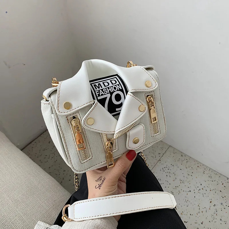 Women Handbag Brand Luxury Design Rivet Zipper Chain Jacket Motorcycle Clothing Denim Shoulder Crossbody Bag Fashion Purse Totes