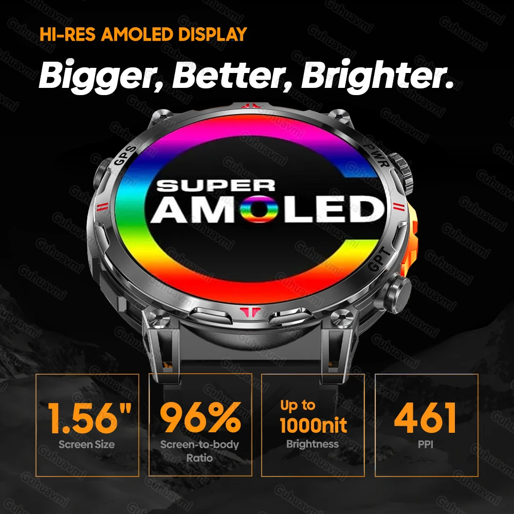 2025New Military GPS Sport SmartWatch Männer 1,56 "AMOLED Bildschirm Kompass Höhenmesser 5ATM Wasserdichte 560 mAh Drahtlose Anruf Smartwatch