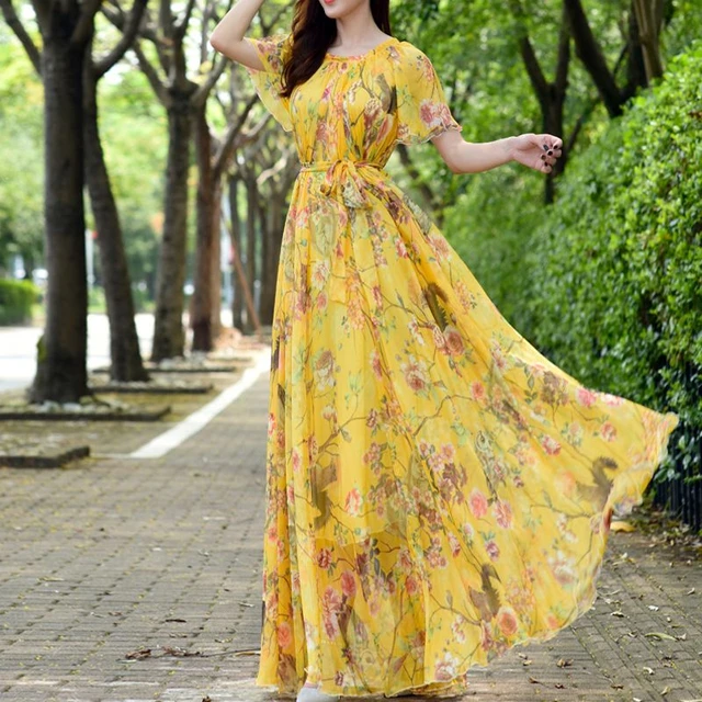 Abiti estivi Boho Maxi da passerella moda donna manica lunga fiori rosa festa elegante abito lungo in Chiffon stampa floreale AliExpress