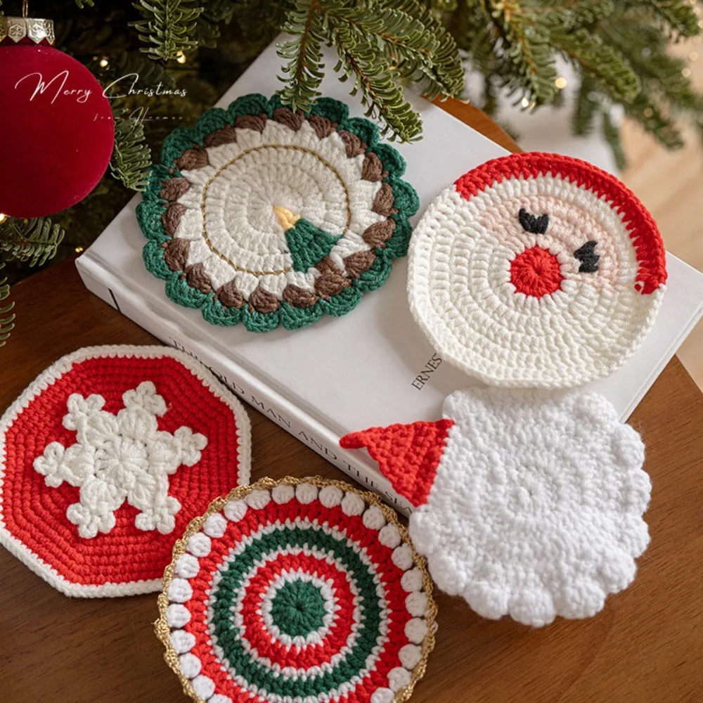 

1pc Hand Knitted Coaster Santa Merry Christmas Cups Decorations Crocheted Mug Plate Pad Home Cup Coasters Xmas Table Accessories