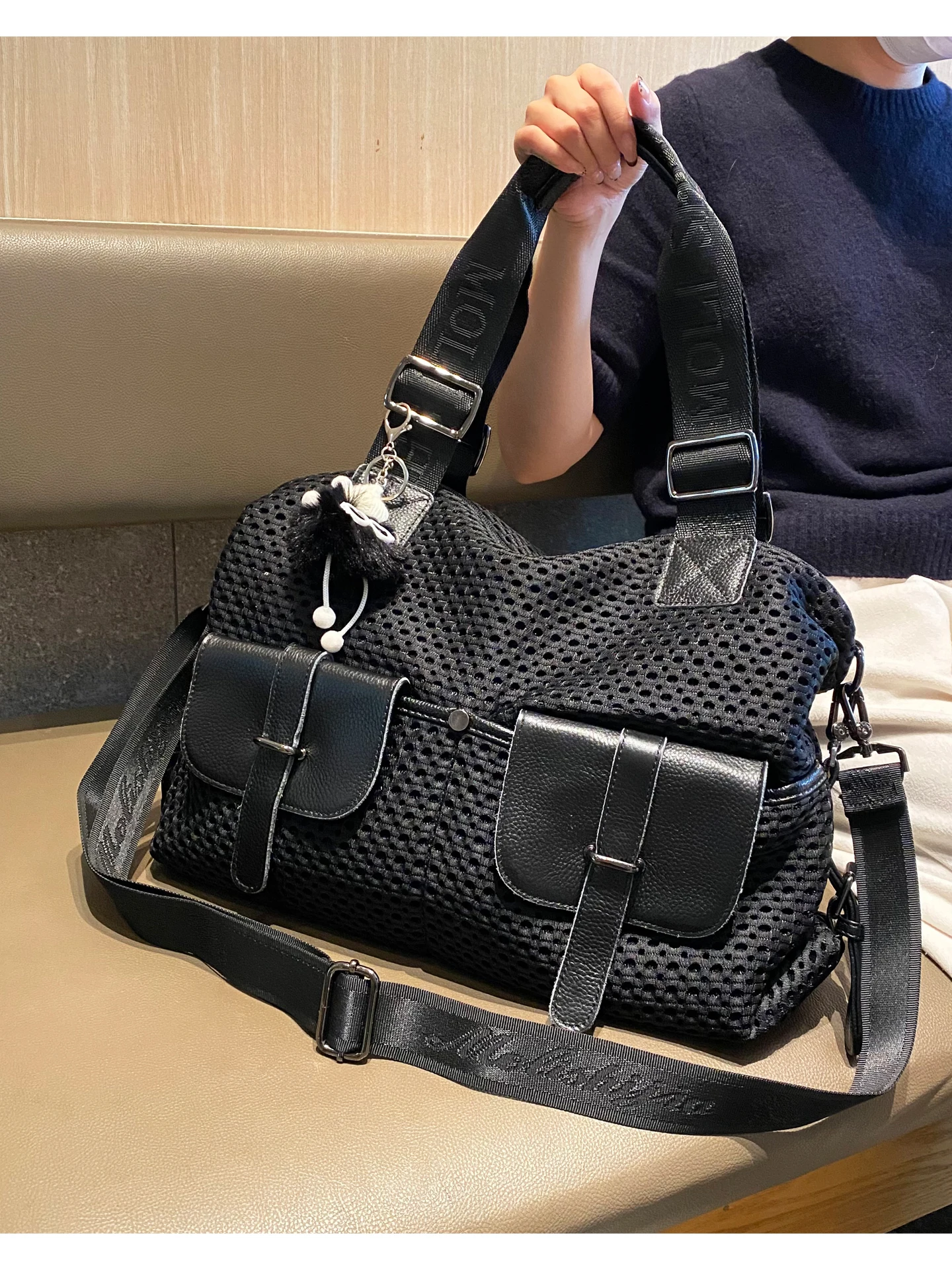 Casual Purses and Handbags for Women Business Mesh with Cowhide Messenger Bag Hollow Out Sac Tote Bolsa Feminina