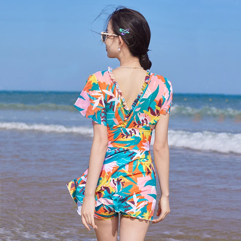 Short Sleeve Flounce V Neckline Sexy Swimwear Women One Piece Bathing Suit Monokini Swimsuit With Skirt Beach Wear