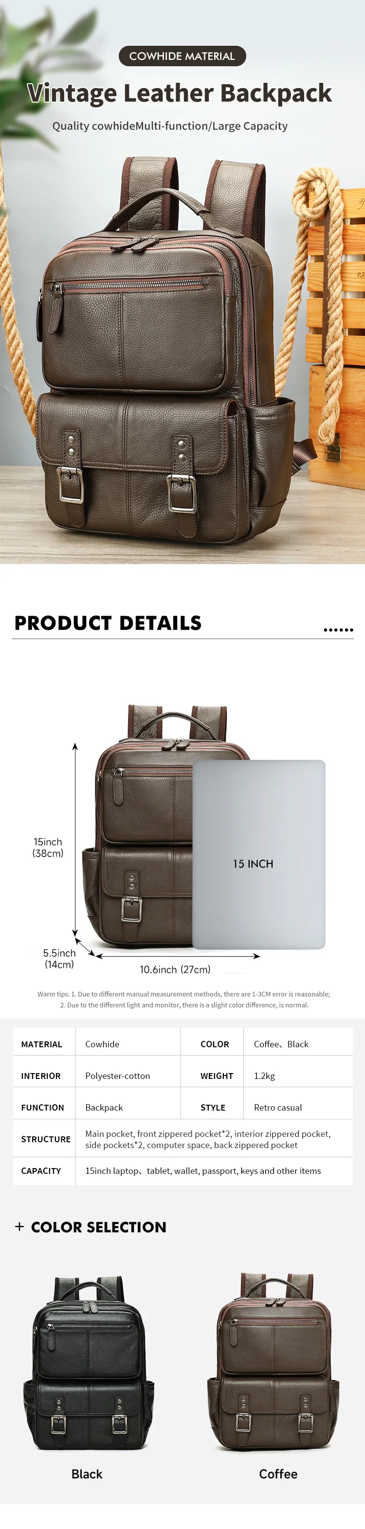 Business-Reiserucksack aus hochwertigem Rindsleder, 15-Zoll-Laptop-Rucksack für Herren – Detail 1