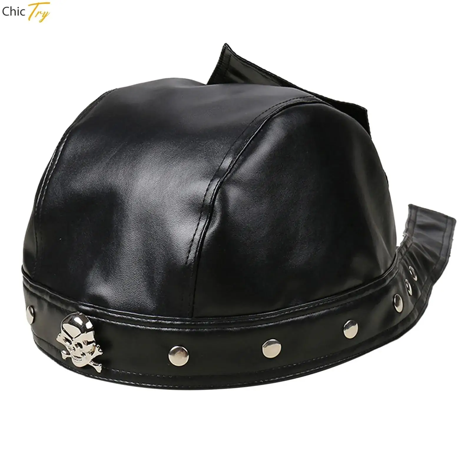 

Женская и мужская крутая мотоциклетная кожаная шляпа, карнавальная повязка на голову из искусственной кожи, металлический декор в виде черепа, матросская шляпа, Хэллоуин, косплей, пиратская шляпа