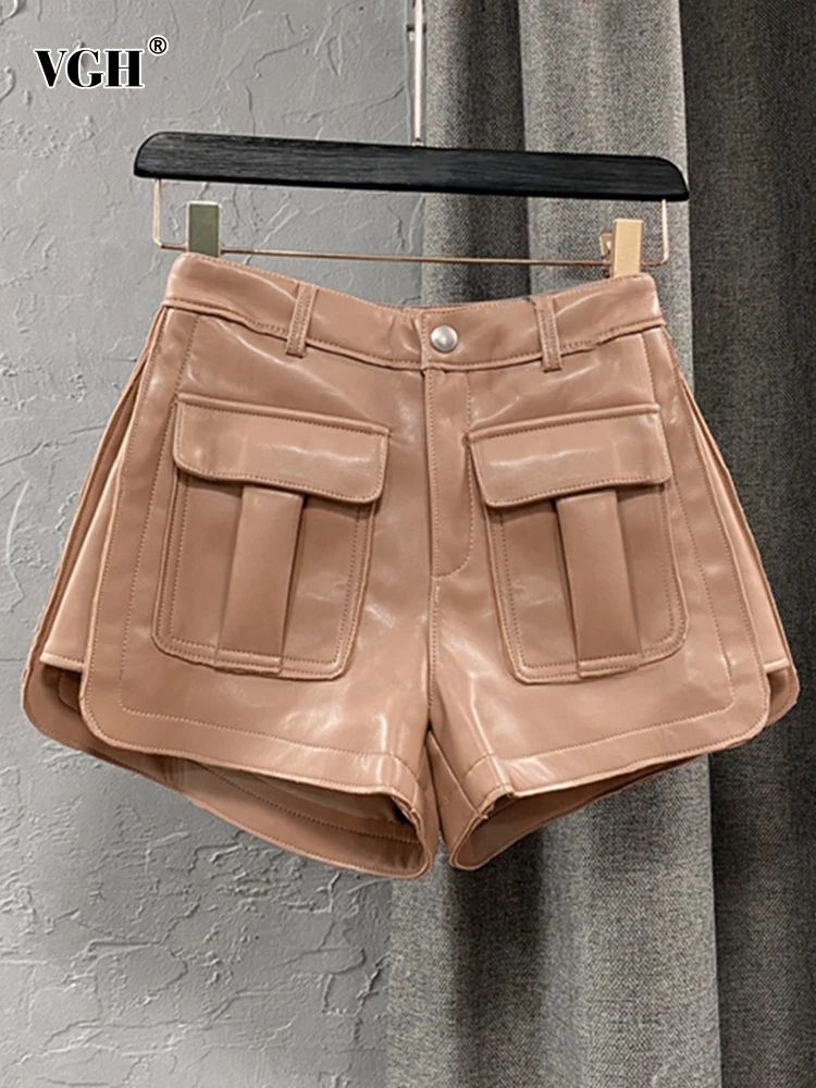 

VGH Solid Minimalist Leather Shorts For Women High Waist Patchwork Pocket Casual Slim Casual Pants Female Fashion Clothes Style