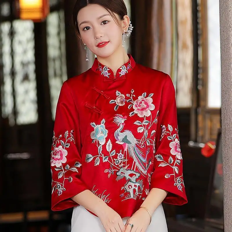 Spring and Autumn Ethnic Style Tang Suit Coat Retro Embroidery Button Chinese Top Women's Top Elegant Loose Blouse