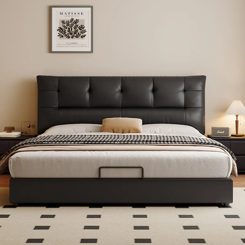 Leather bed black puff bed master bedroom atmosphere 1.8 meters double storage wedding bed