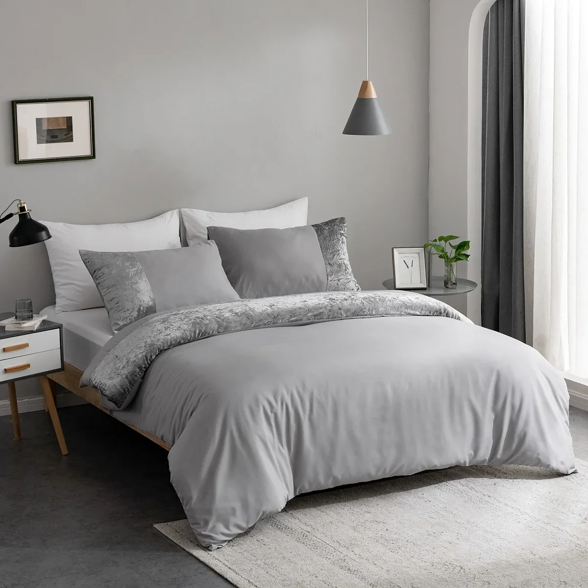 Reversible Faux Silk Grey Duvet Cover Set Single Twin Double Queen King Cal King Size Bed Linen Set