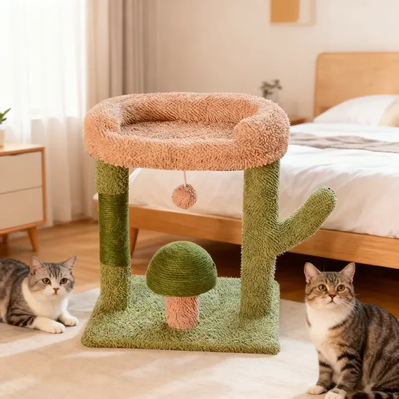 Multi Functional Modern Activity Center Cat Tree with Wood & Sisal Mushroom Design Eco-friendly Carton Packaging