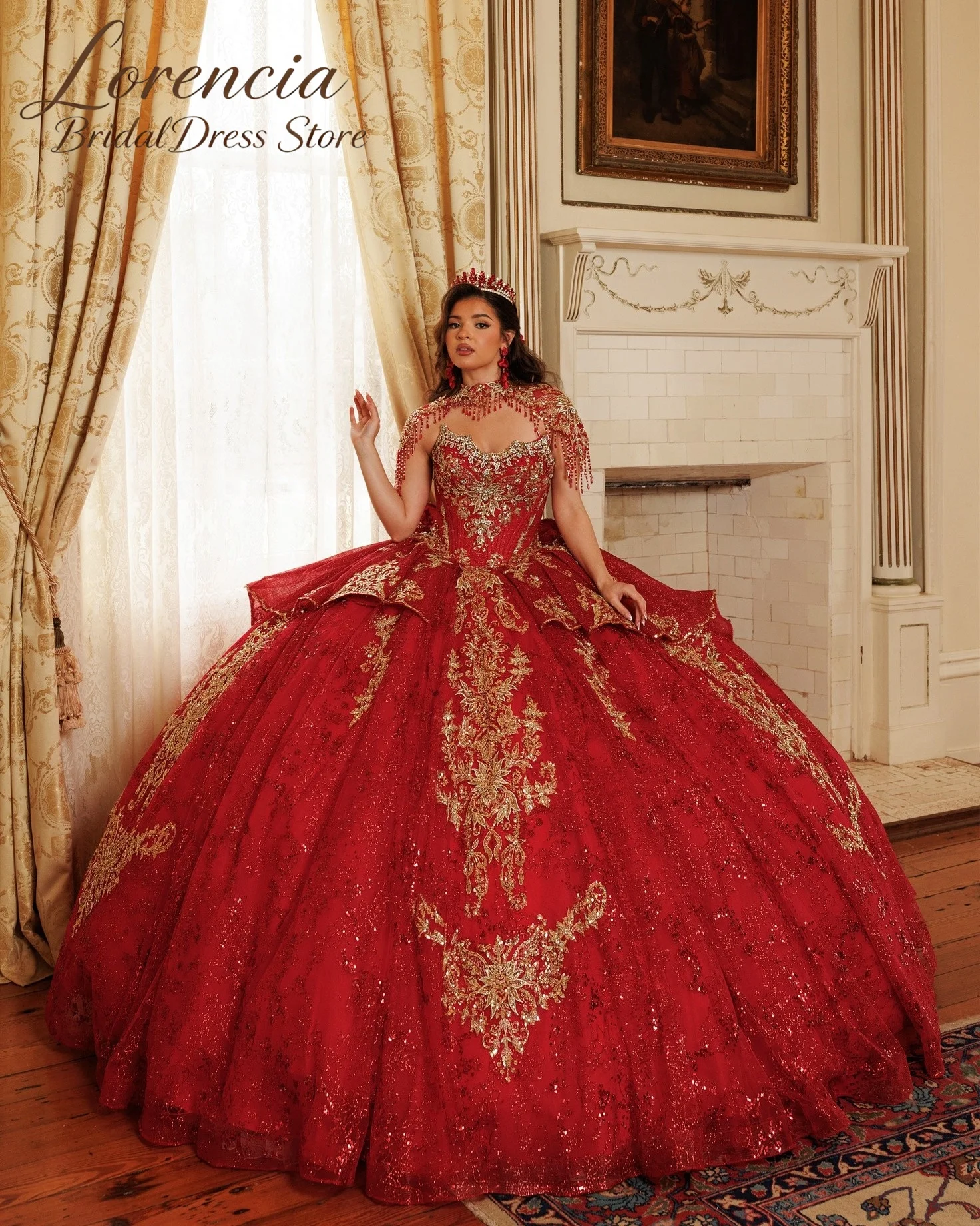 Sweetheart Lace Appliques Glitter Quinceanera Dress Detachable Beaded Cape Sweep Train Ball Gowns Customized Vestidos De 15 Años