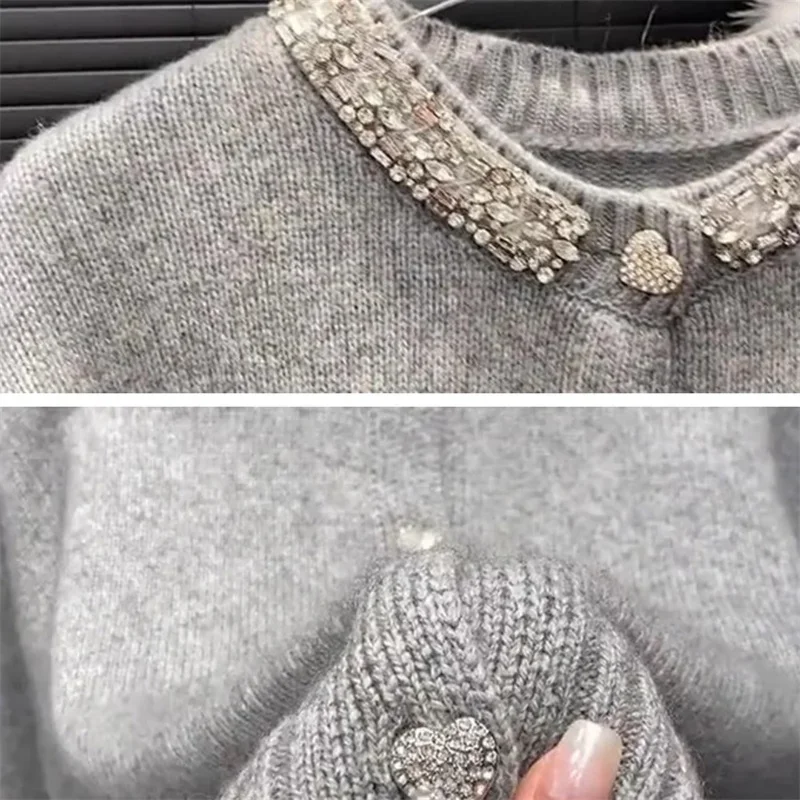 Diamonds Grey Knitted Cardigan Women\'s Autumn 2024 New Korean Fashion O-Neck Long Sleeve Gentle Soft Short Sweater Jacket Mujer