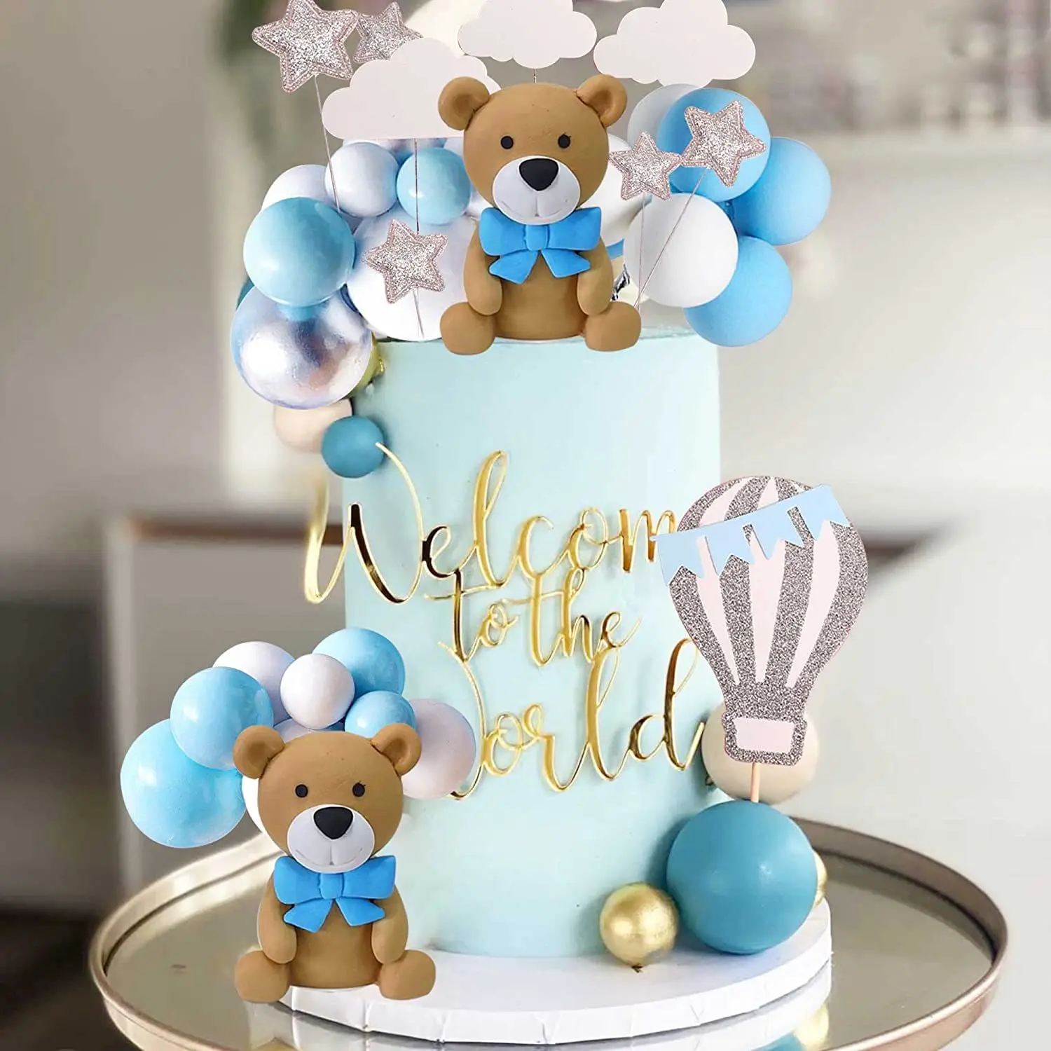 Blue Teddy Bear Cake Decoration 46Pcs/Set Cartoon Teddy Balloons Cake Topper Kids Boys Happy One 1st Birthday Baby Shower Decors