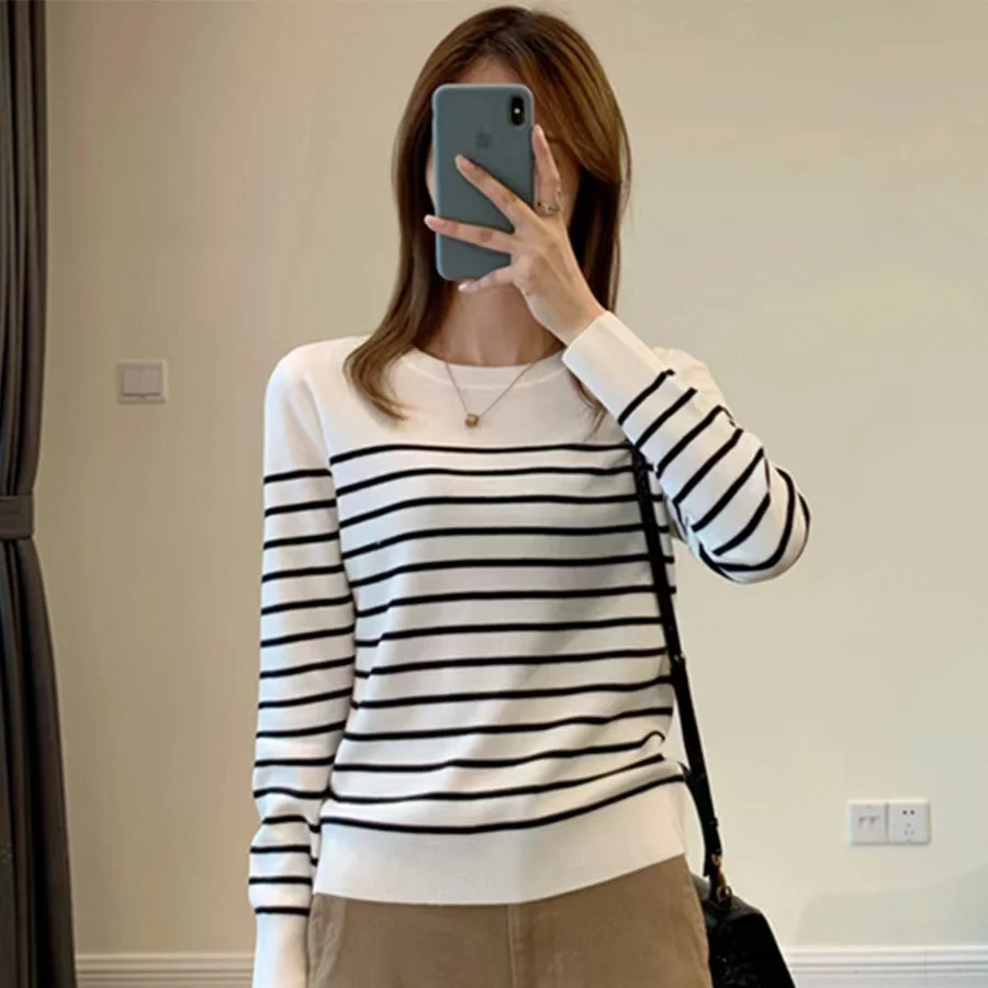

Spring And Autumn Women's Striped Color-Blocked Round-Neck Pullover, Korean-Style Pure Cotton Pullover Sweater-SMY257