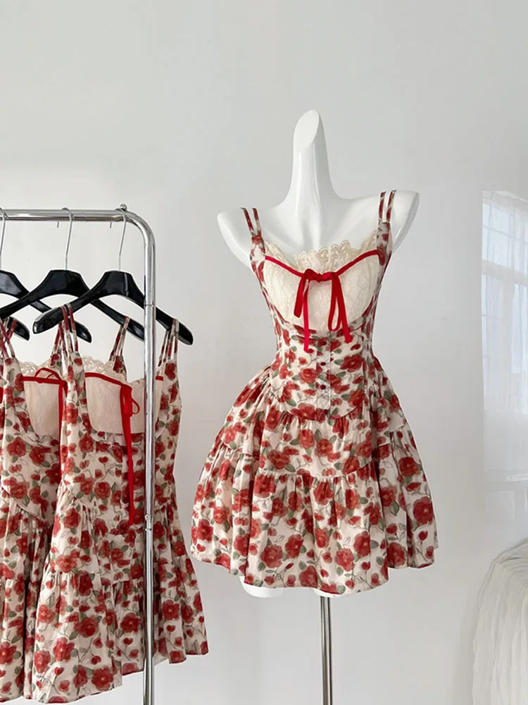 

Harajuku Design Spaghetti Strap Dress Sleeveless Elegant Patchwork Sexy Red Bow Floral Dress Women Fairy Dress Sweet Romantic