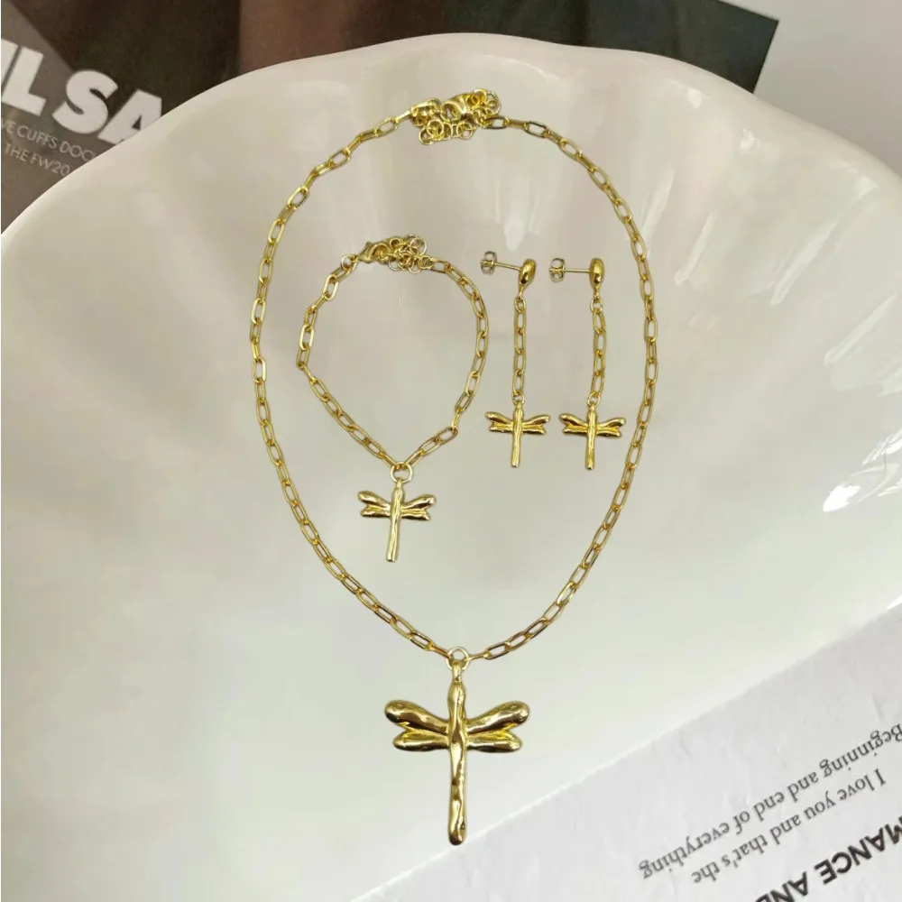 2026 Spring Premium Cool Wind Gold Silver Dragonfly Set Jewelry Three Piece Surprise Gift