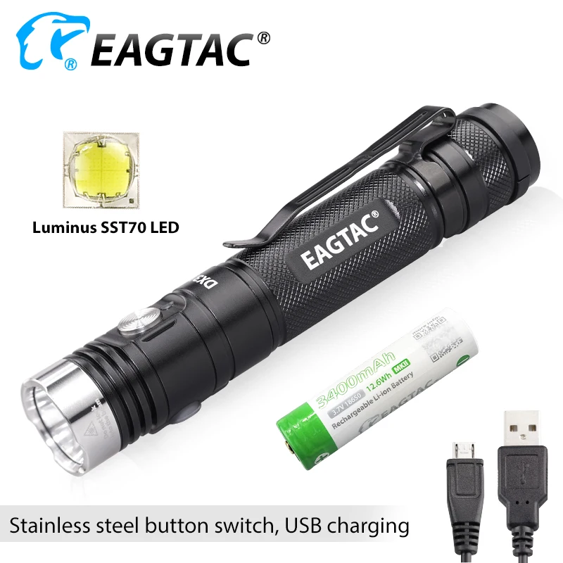 EAGTAC EDC DX3L MKII USB Rechargeable LED Flashlight SST70 3100lm XHP50.2 Super Bright Power Bank 18650 3400mAh Included