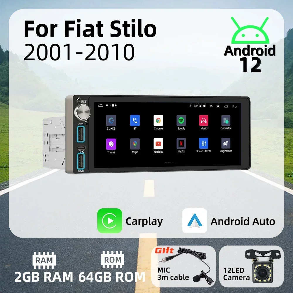 Wireless Carplay Autoradio 6.86 Inch 1 Din Radio Android Car Multimedia for Fiat Stilo 2001-2010 Stereo Head Unit GPS Navigation