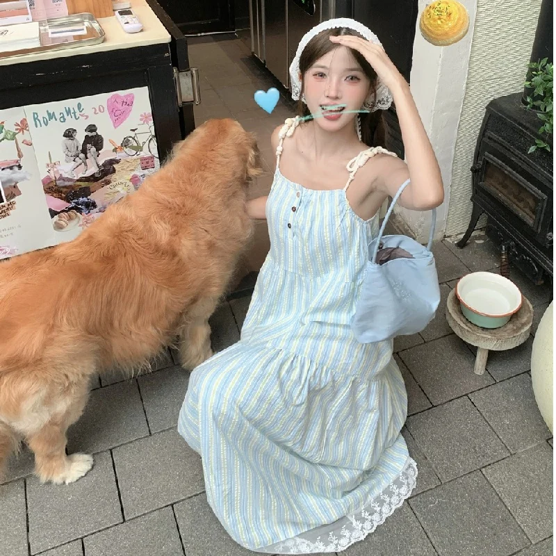 여름 바캉스 슬리블루 스트라이프 루즈 A라인 미디 드레스 여성 비치 휴가 바람 드레스 미들 웨이스트 노벨 폴리머 노 슬리...