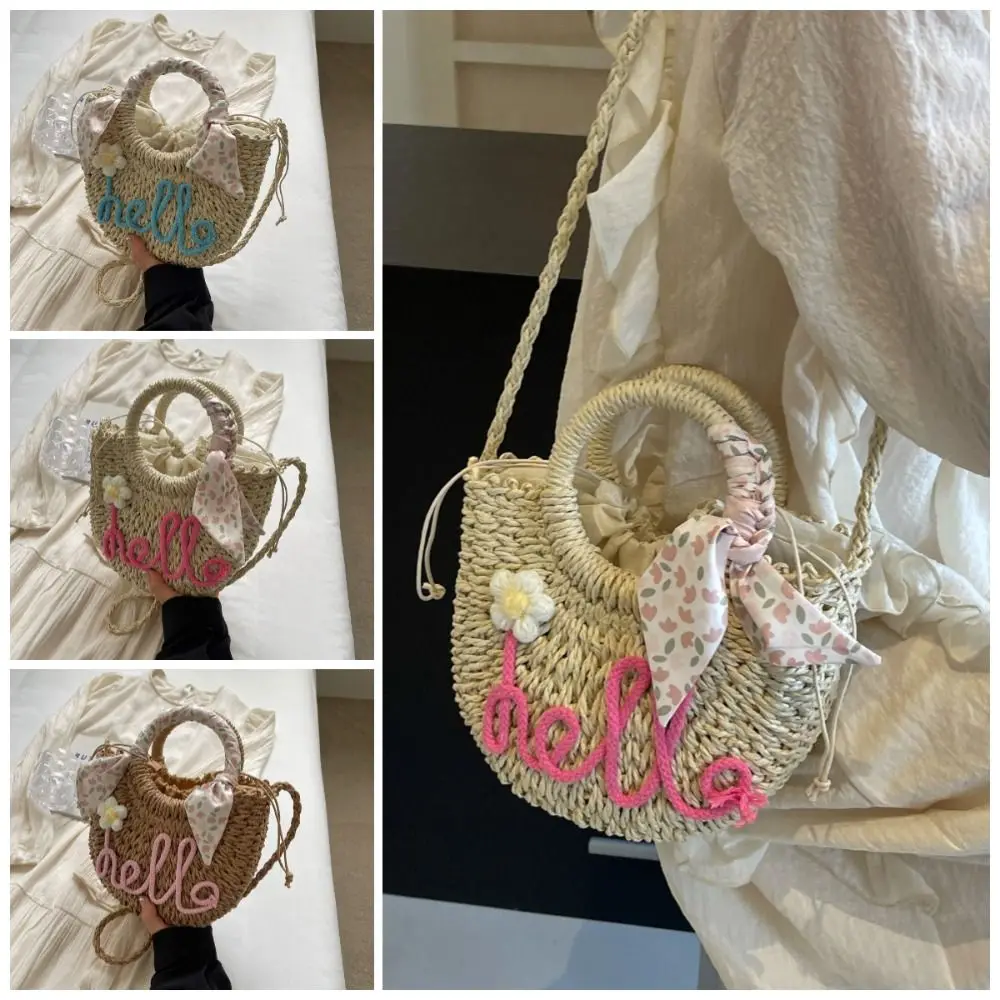 

Fashion Sweet Beach Straw Bag Ribbon Flower Knitted Shoulder Bag Tote Moon Shaped Handbag Summer