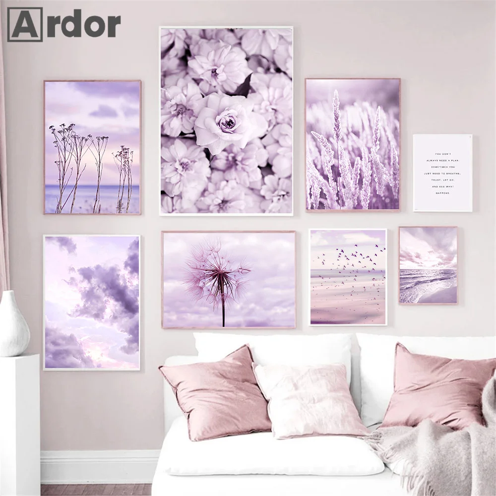 Sea Beach Birds Art Posters Purple Flower Canvas Painting Reed Dandelion Poster Prints Nordic Wall Pictures Living Room Decor