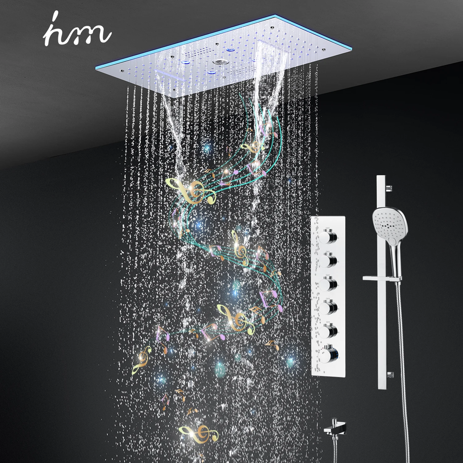 

hm High Quality Music LED Shower System Set Ceiling Rain Waterfall Mist Shower Head 600x300MM Bathroom Thermostatic Mixer Faucet