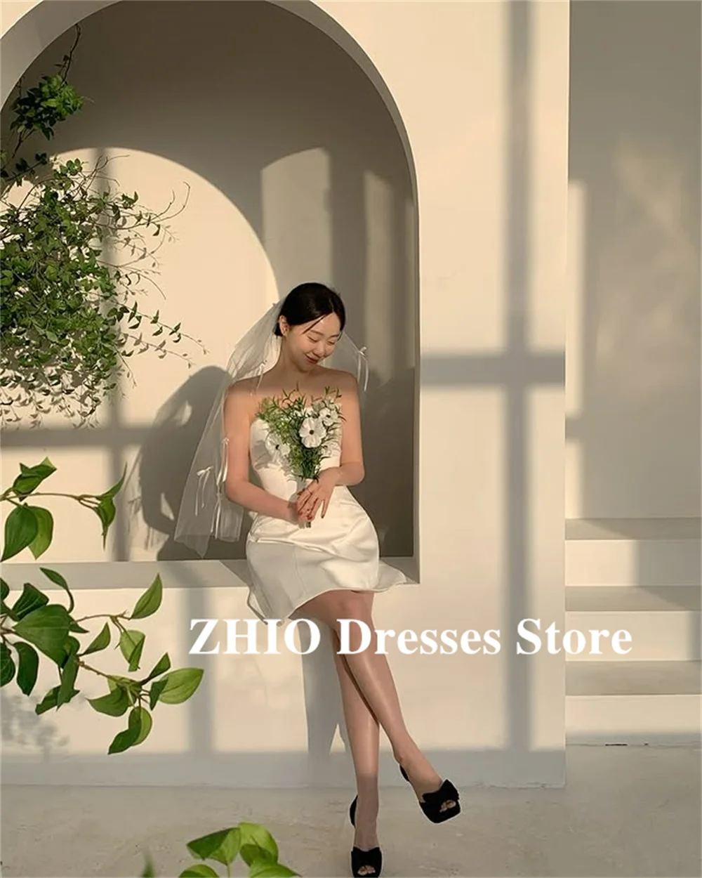 ZHIO Korte Satijn A-lijn Mini Korea Trouwjurken Fotoshoot Strapless Eenvoudige Bruidsjurken Rits/Korset Aangepaste Verjaardagsfeestje