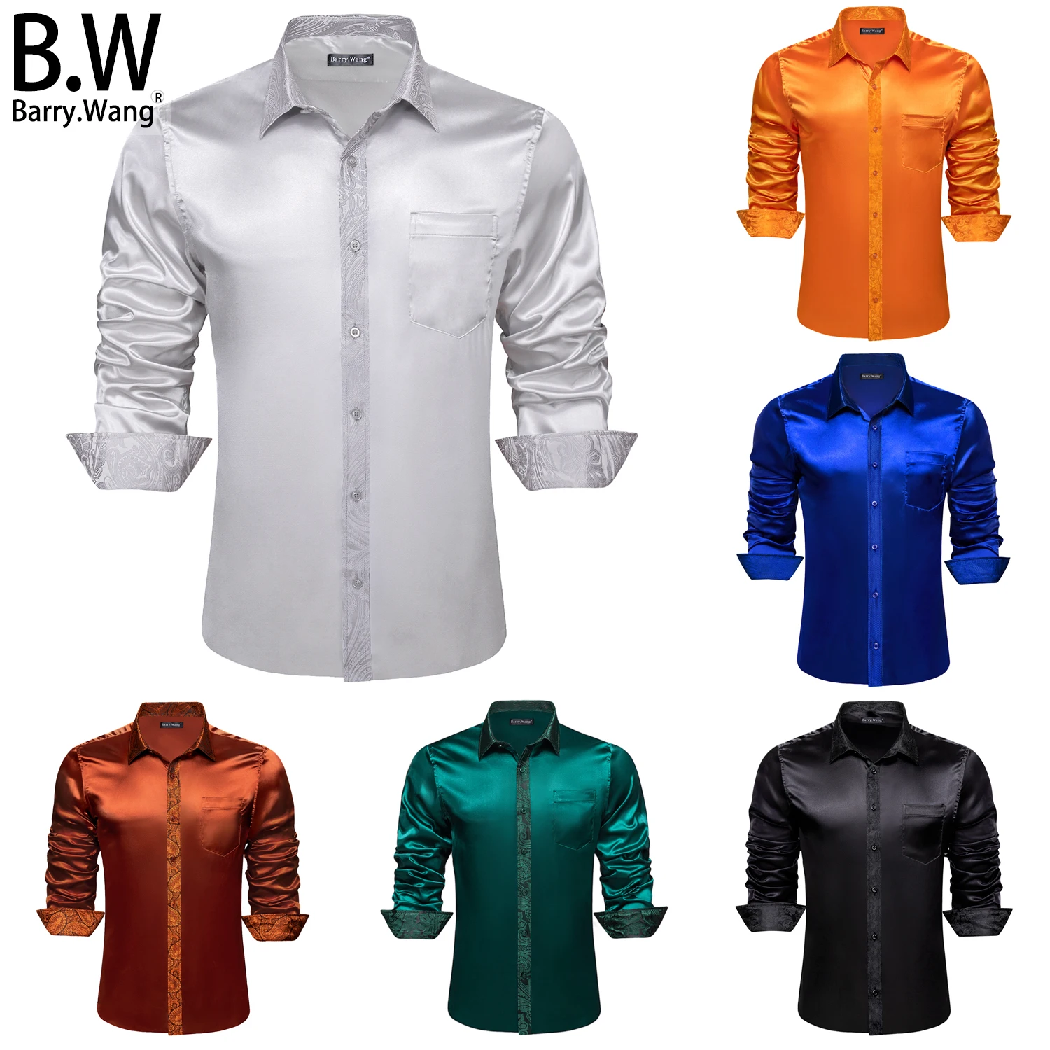 

Barry.Wang Stylish Silk Satin Mens Shirts Jacquard Splicing Fabrics Long Sleeve Formal Casual Male Blouses Wedding Business Prom