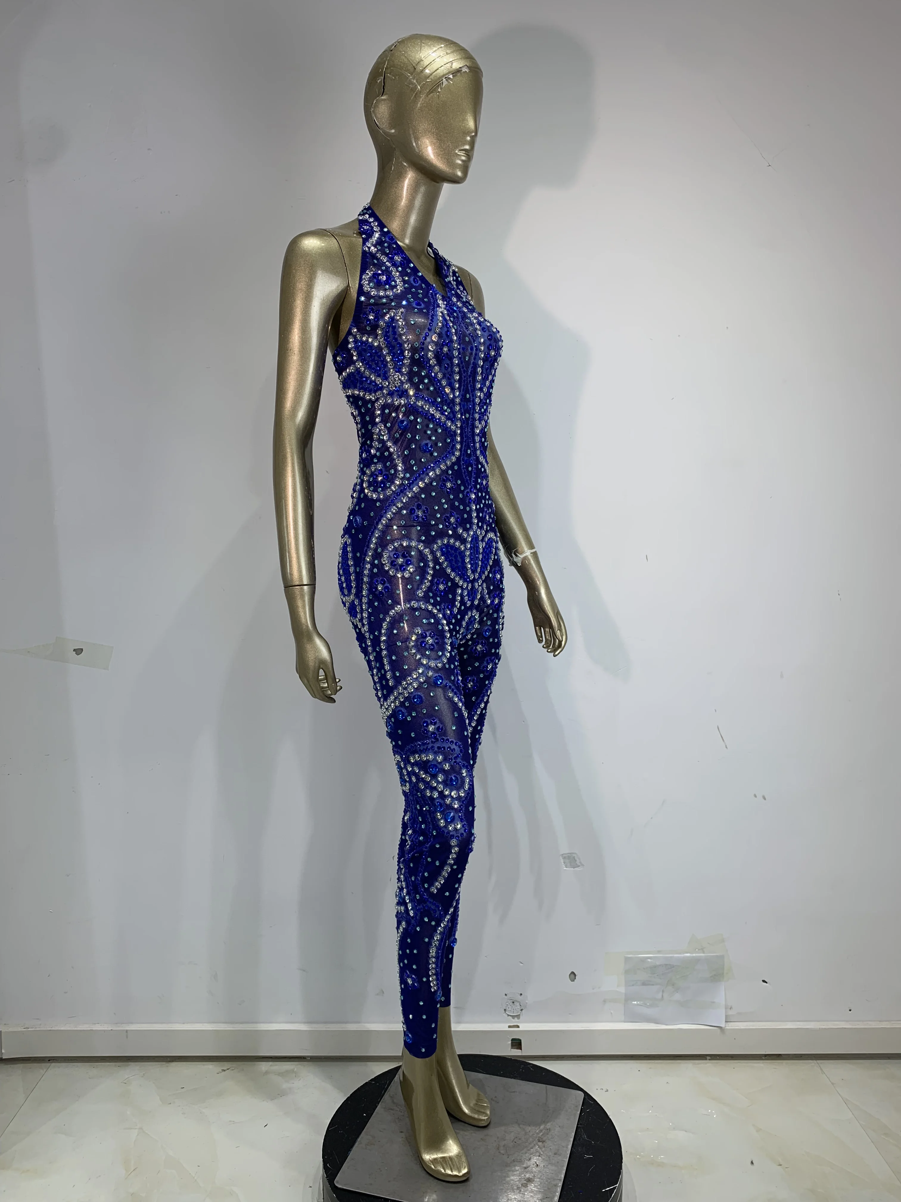 Sparkly Rhinestones Sexy Mesh See Through Jumpsuit Stage Performance Costume Birthday Party Singer Dancer Nightclub Outfit