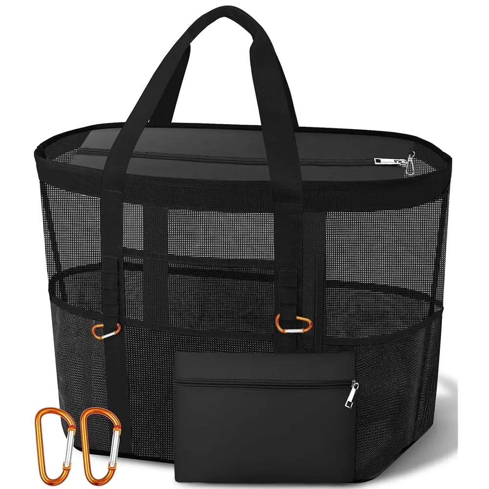 

Стильная и вместительная пляжная сумка XX-Large для женщин 2026 года — сетчатая сумка-тоут из канваса с верхней молнией, 11 карманами, съемным чехлом | 40L+ S