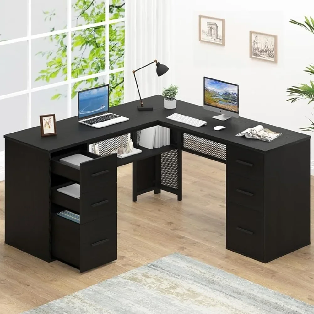 

Black L Shaped Desk with File Drawers Shelves, Reversible Corner Metal Wood Computer Desk with Storage Cabinet