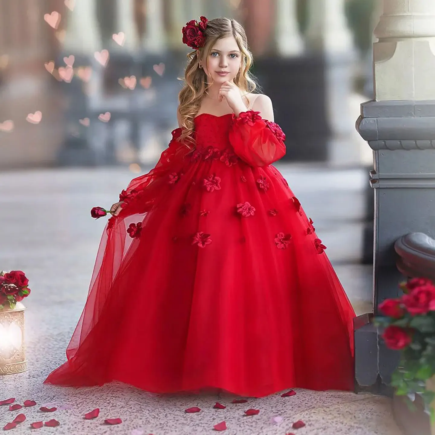 Maßgeschneidertes rotes Blumenmädchenkleid für die Hochzeit, 3D-Applikation, bauschiger Tüll, Prinzessin, luxuriöses Kindergeburtstags-Erstkommunion-Ballkleid