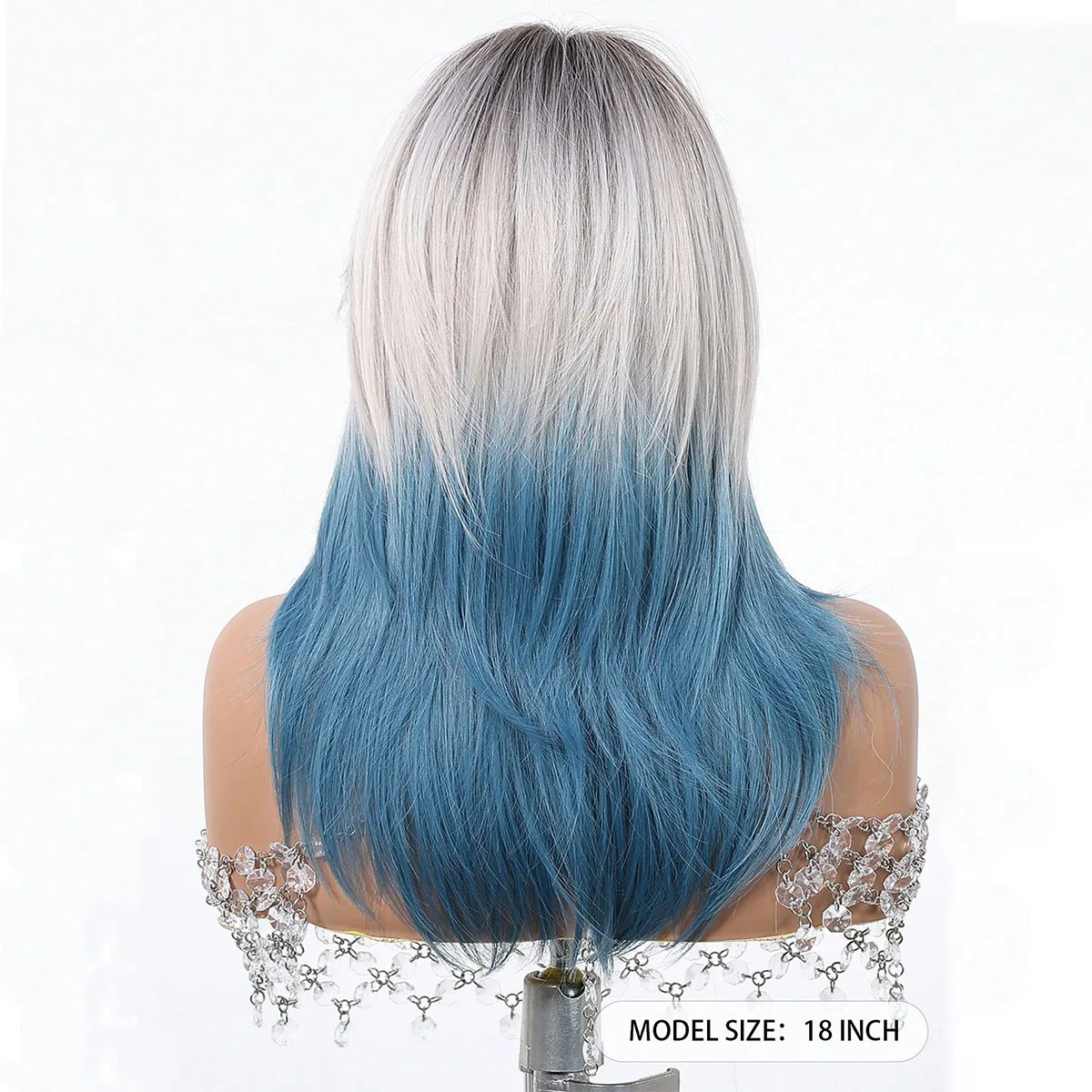 EASIHAIR Long Straight Blue Synthetic Wigs Ombre Blonde Blue Layered Hair Wigs for Women With Eight Character Bangs Cosplay Wigs