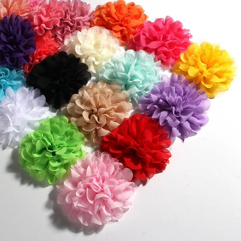 

120PCS 4.4"11CM Hot Sell Chiffon Mesh Flowers For Hair Accessories Fluffy Fabric Lace Flower For Kids Girls HeadWear Headbands