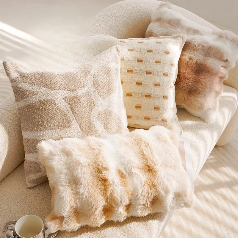 

Cream Maillard retro premium rabbit plush pillow cover sofa waist pillow bedside cushion with core famous hotel