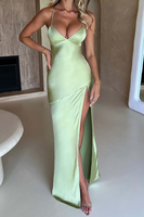 High Slit V Neck Tied Strap Prom Satin Slip Maxi Dresses for Women Summer Elegant Party Dresses Slim Women's Green Bodycon Dress