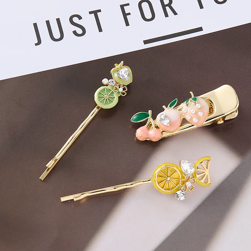 

Cute Fruit Bobby Pin Set Hair Clips Apple Lemon Designs Crystal Pearl Inlaid for Fine Hair Daily Use Fashion Hair Accessories
