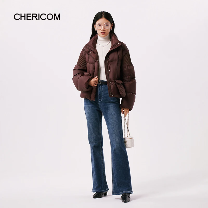 

Chericom Women's Short Puffer Jacket Stand Collar Zippered Placket Drawstring Hem Snap-Button Flap Pockets Windproof Y299111Y