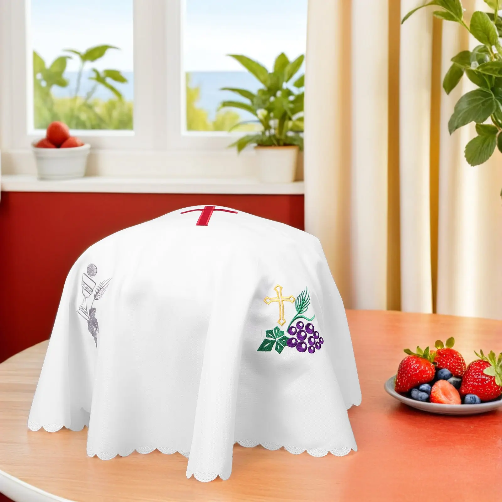 Round Embroidered Communion Tablecloth Thick Polyester Dustproof Anti-Wrinkle Holy Ceremony Cover Church Altar Baptism